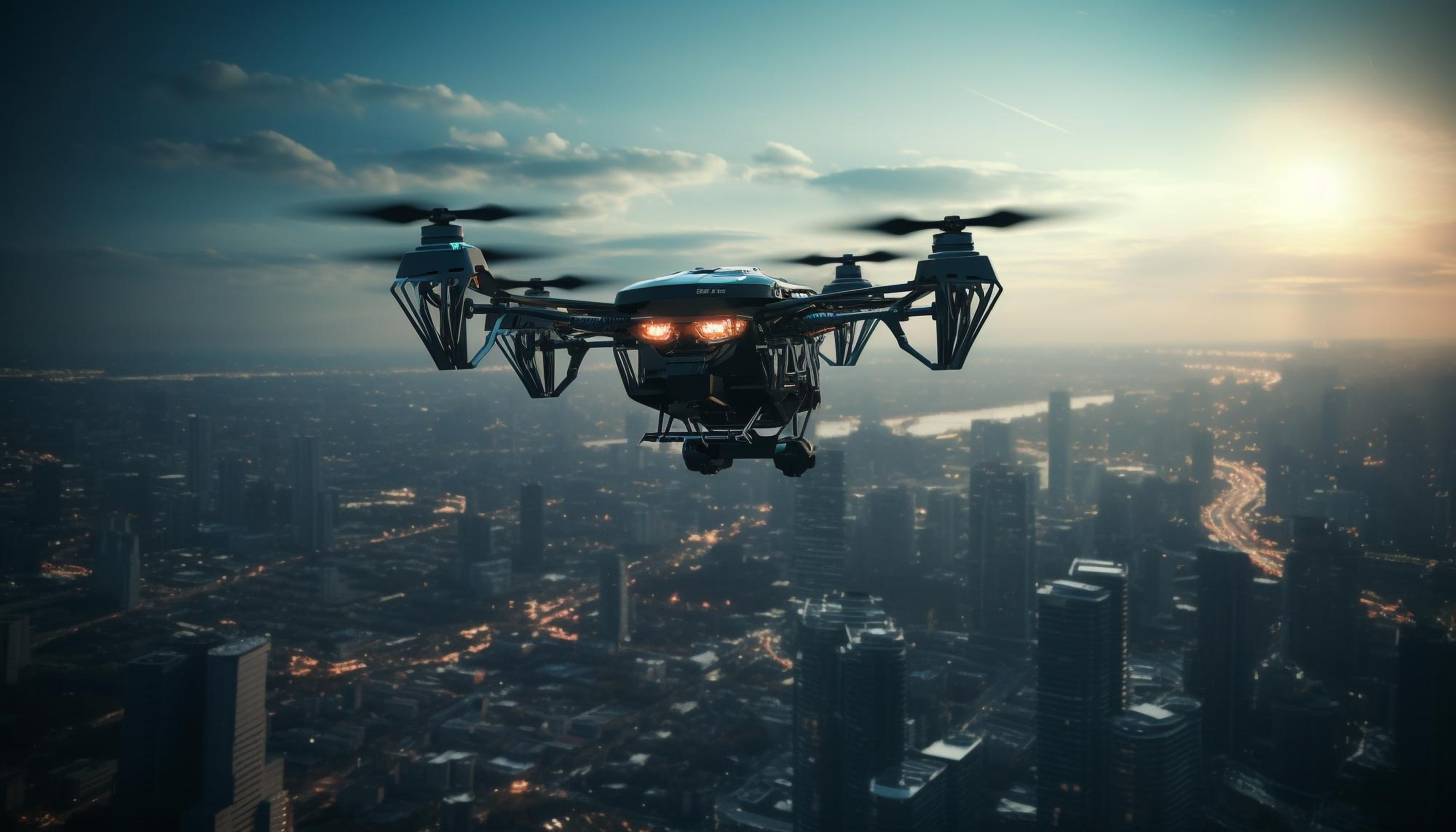 futuristic-drone-hovers-mid-air-filming-cityscape-generated-by-ai